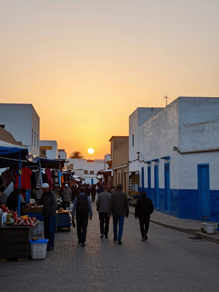 Essaouira Morocco Sunset Street Scene with Local Market Activity and Traditional Architecture in in Essaouira, Morocco