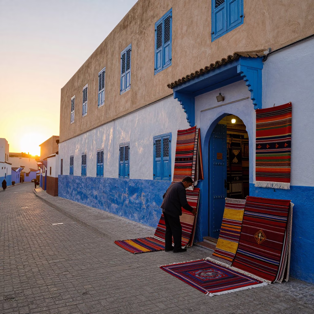 Essaouira Morocco Sunset Street Scene with Local Shopkeeper and Colorful Textiles in in Essaouira, Morocco