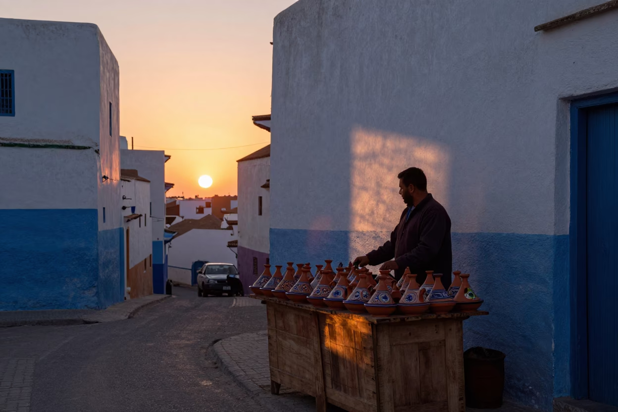 Essaouira Morocco Sunset Street Scene with Local Vendor and Traditional Pottery in in Essaouira, Morocco