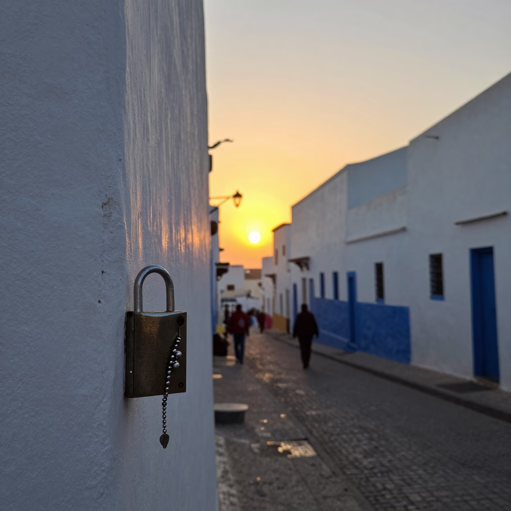 Essaouira Morocco Sunset Street Scene with Lockbox and Charm Bracelet in in Essaouira, Morocco