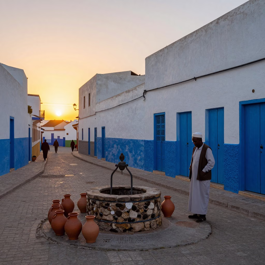 Essaouira Morocco Sunset Street Scene with Traditional Pottery and Blue Doors in in Essaouira, Morocco