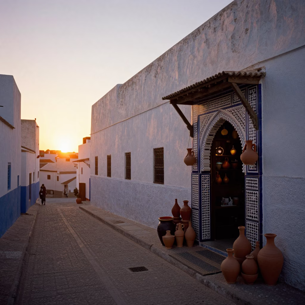 Essaouira Morocco Sunset Street Scene with Traditional Pottery and Local Market Activity in in Essaouira, Morocco