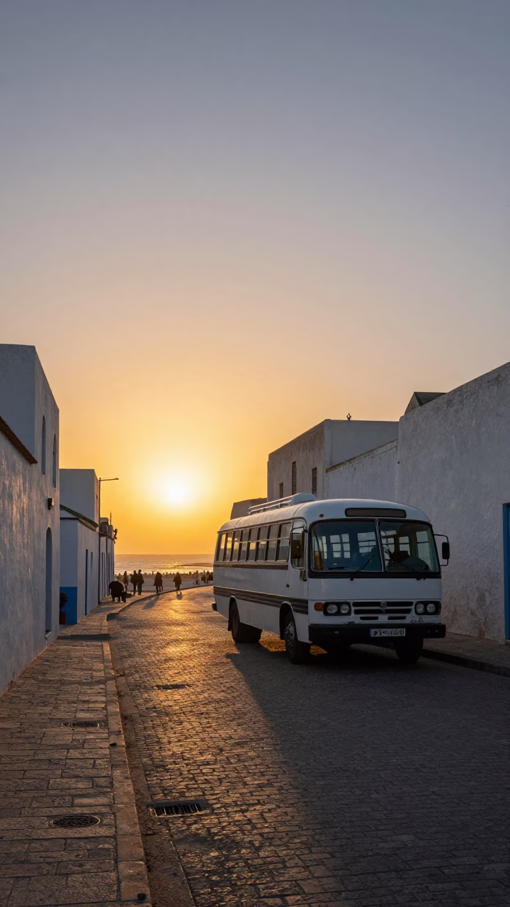 Essaouira Morocco Sunset Street Scene with Vintage Bedford Bus and Ceramic Pitcher in in Essaouira, Morocco