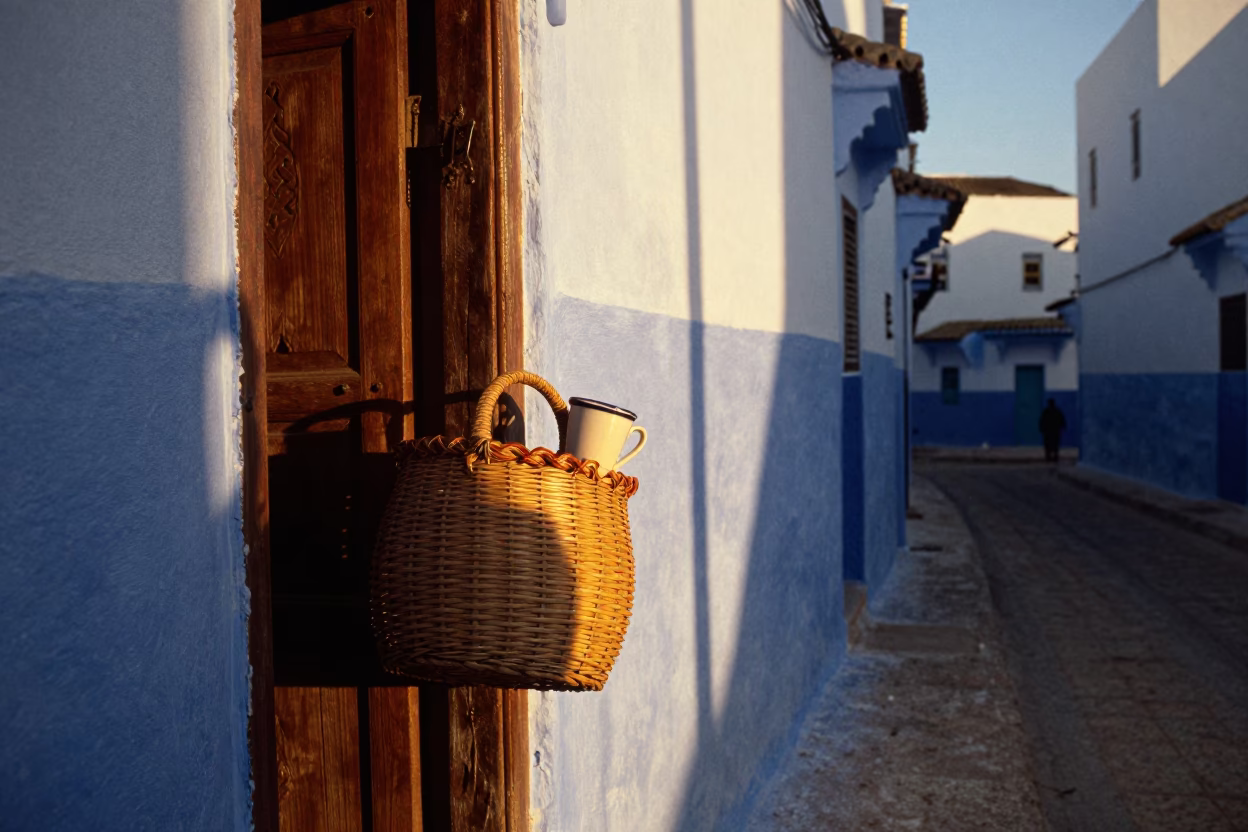 Essaouira Morocco Sunset Street Scene with Wicker Shadows and Traditional Broom in Coastal Atmosphere in in Essaouira, Morocco