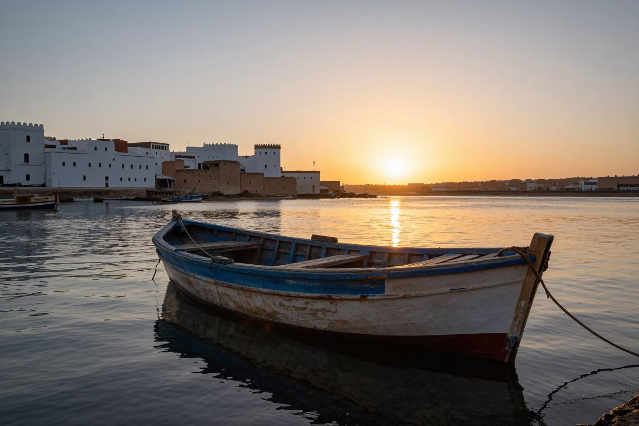 Essaouira Morocco Sunset Wooden Fishing Boat Anchor Harbor Scene in in Essaouira, Morocco