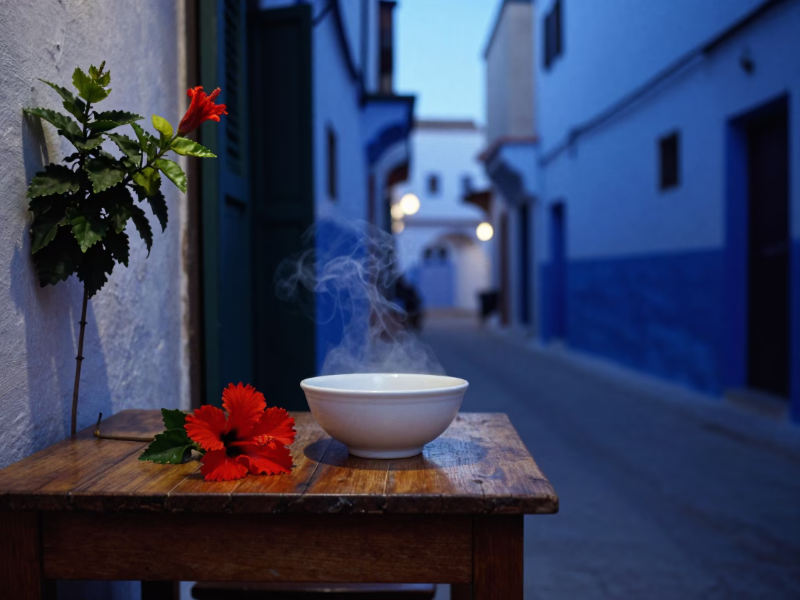 Essaouira Morocco Twilight Street Scene with Ceramic Bowl and Hibiscus Flower in in Essaouira, Morocco