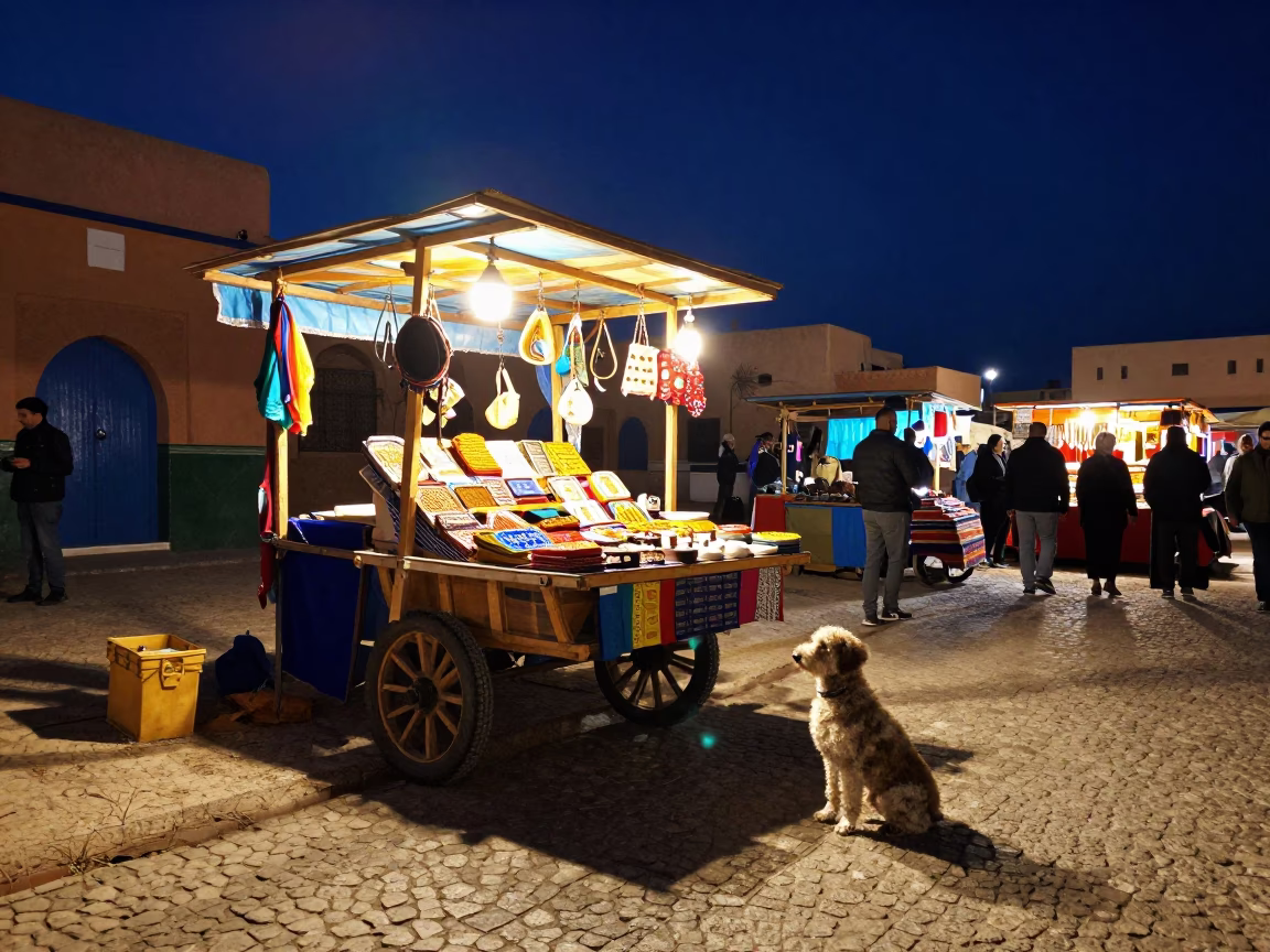 Essaouira Night Market Stall with Volpino Italiano and Colorful Goods in in Essaouira, Morocco