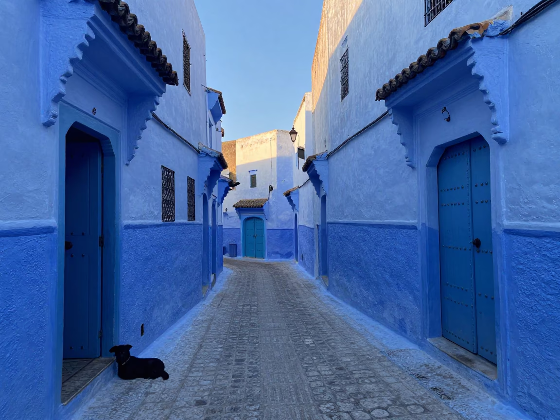 Essaouira Street Scene at Sunrise Light in in Essaouira, Morocco