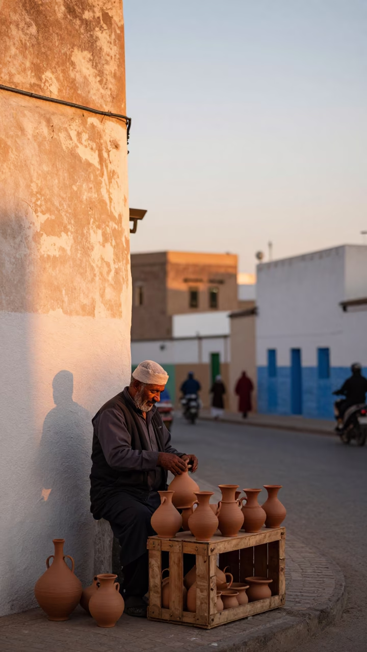 Essaouira Sunset Street Scene with Local Vendor and Traditional Pottery in in Essaouira, Morocco