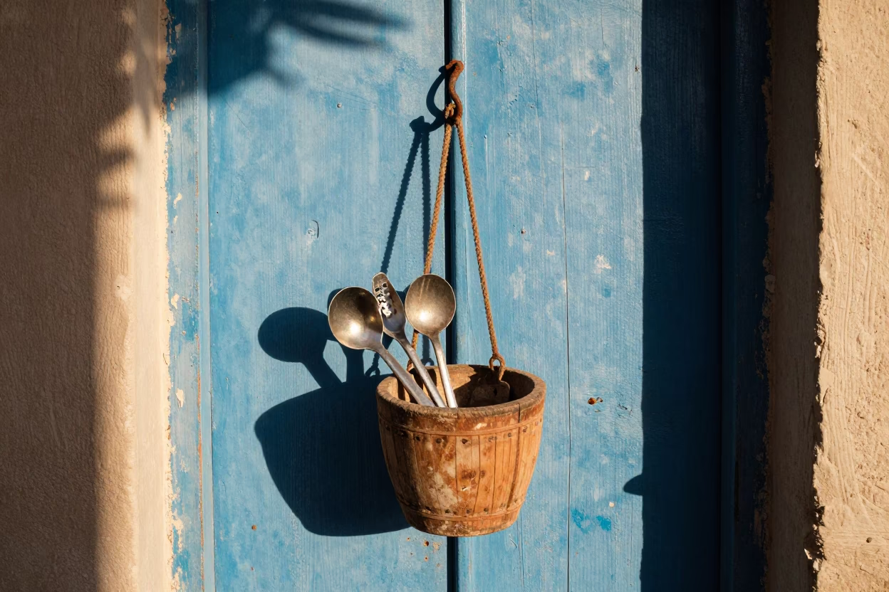 Essaouira Utensil Crock at Clear Late-afternoon Light in in Essaouira, Morocco