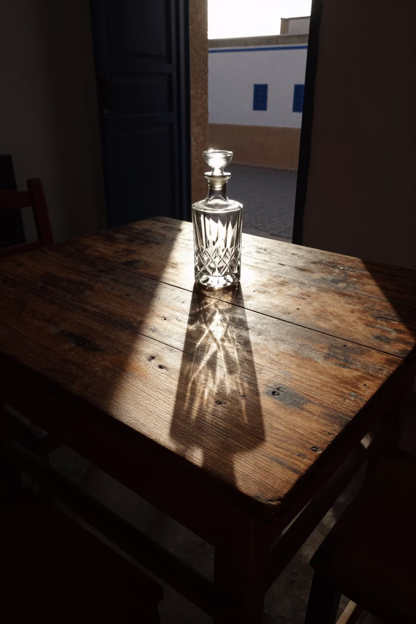 Essaouira Wooden Table at The Early Afternoon Light in in Essaouira, Morocco