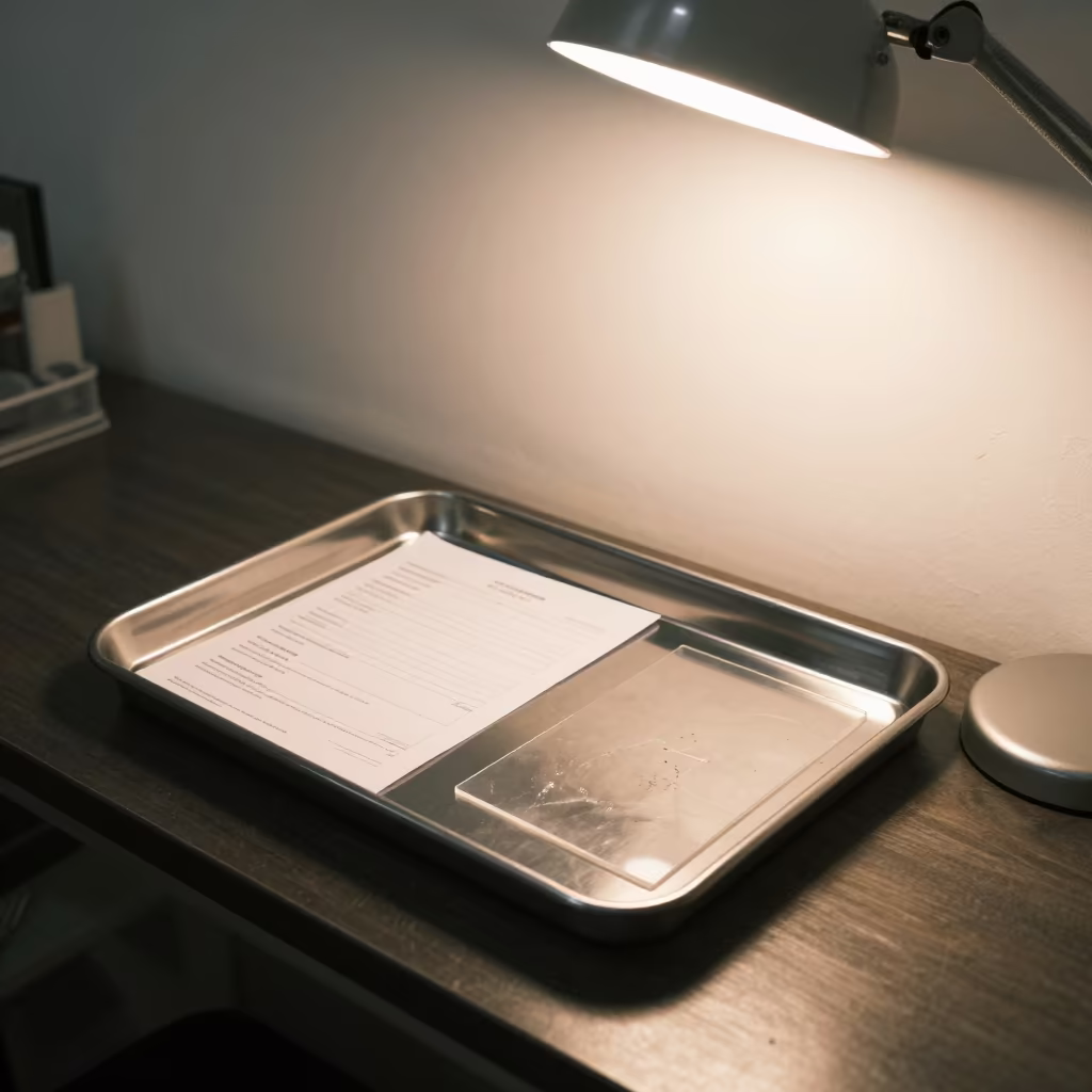 Esthetician Consent Form Tray Under Soft Light in inside a nail studio near Ho Chi Minh City