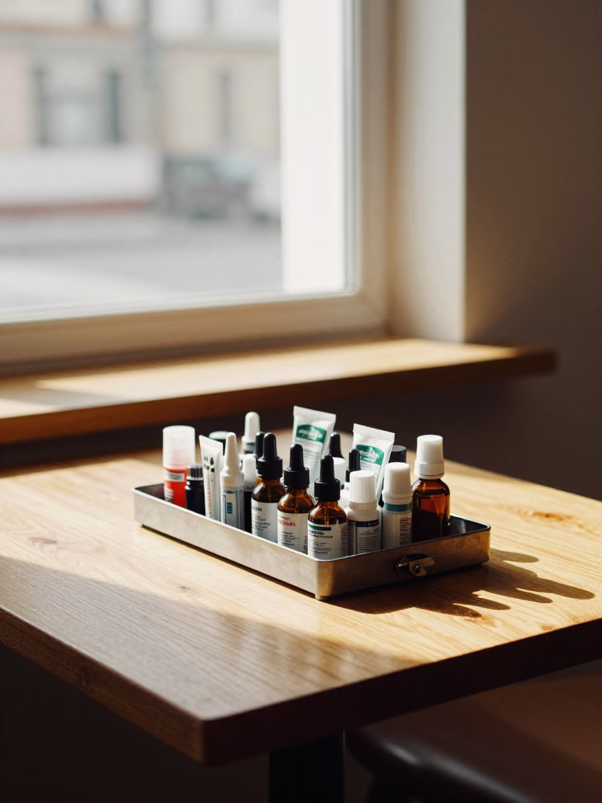 Esthetician Lamp Tray Restocked Near Bishkek Window in on a cafe table by a window near Bishkek