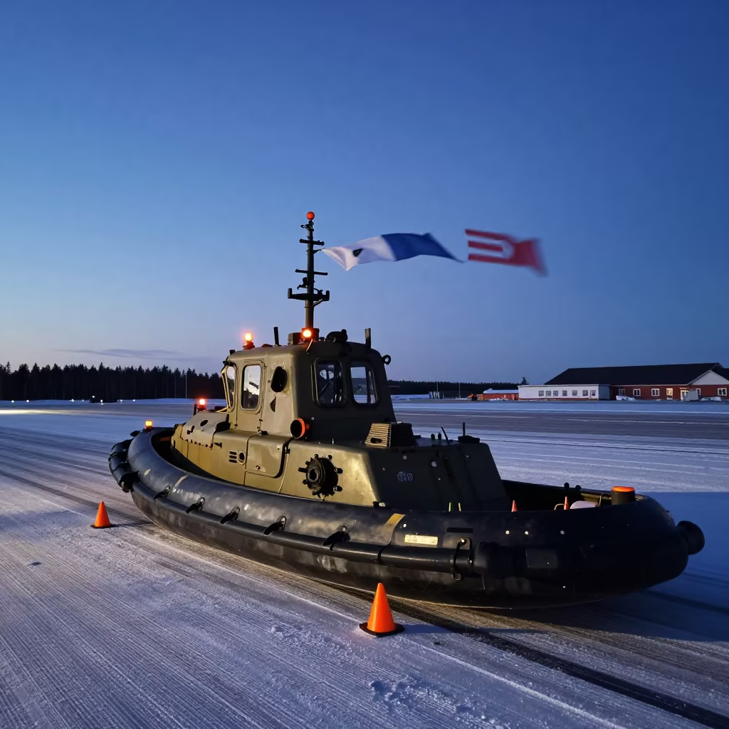 Estonian Airbase Tow Hookup Storm Cleanup Night in along an airbase flight line in Estonia