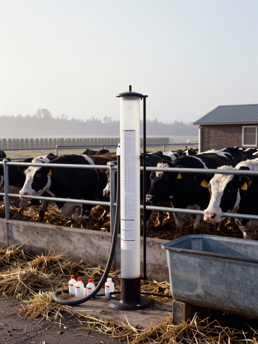 Estonian Farm Water Quality Test Cylinder in near a windbreak and water trough in Estonia