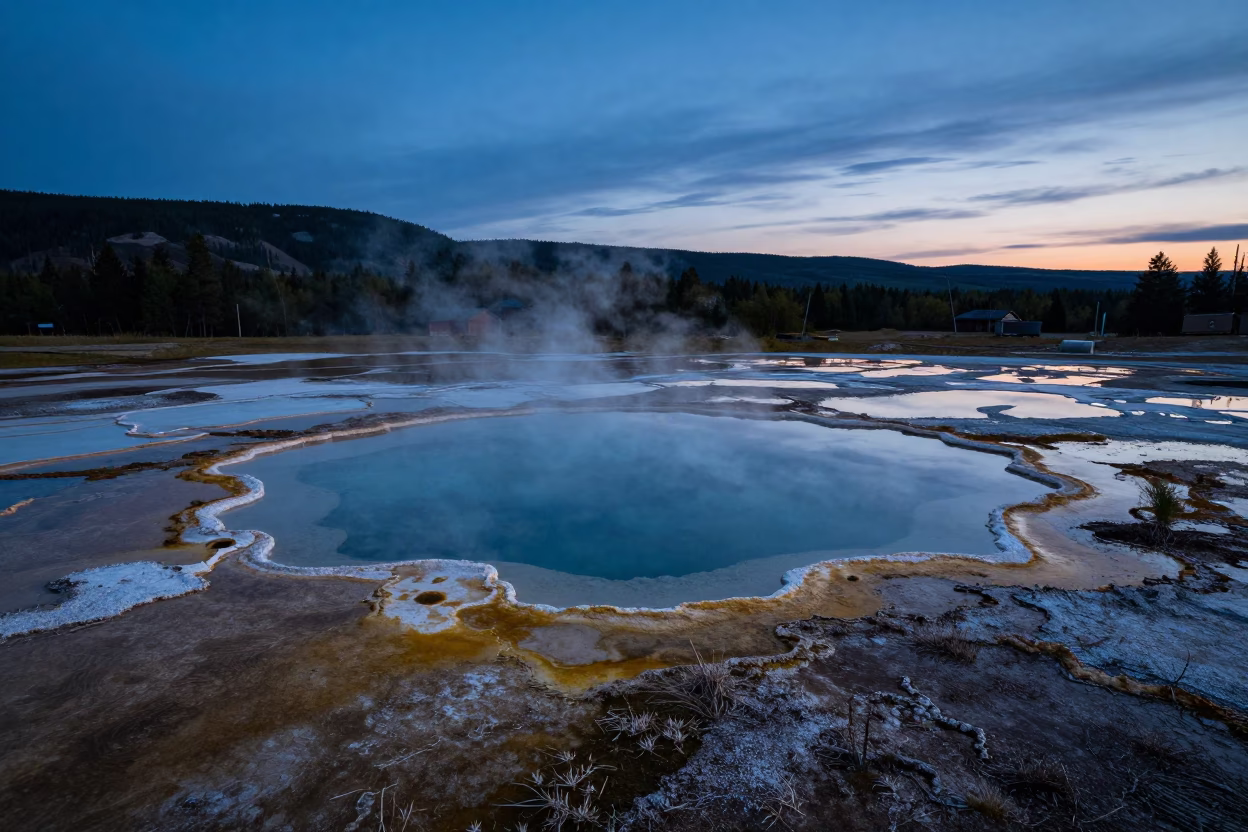 Estonian Hot Spring Rim in Indigo Twilight Fog in from a ridge above layered foothills in Estonia