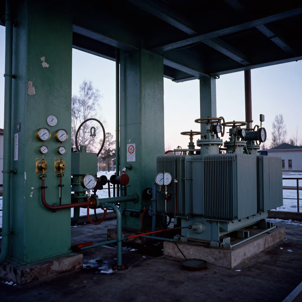 Estonian Pumping Station Predawn Gauges in across a windy overpass interchange in Estonia