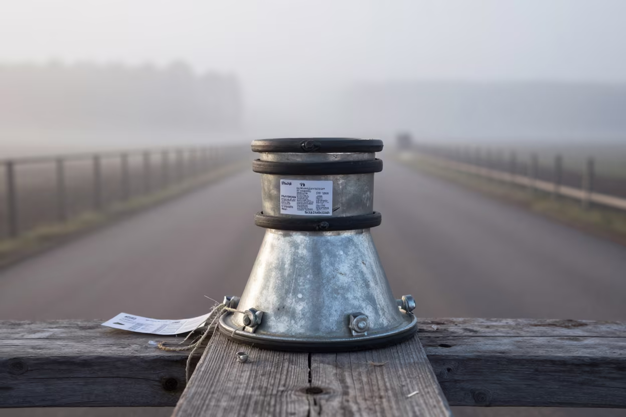 Estonian Semen Tank Plug in Misty Winter Dawn in along a feedlot lane in Estonia