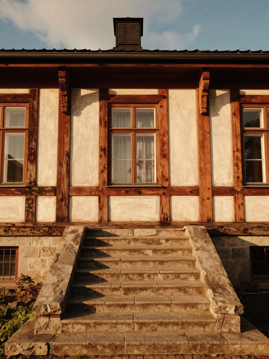 Estonian Timber House Facade at Golden Hour in at the base of a monumental staircase in Estonia