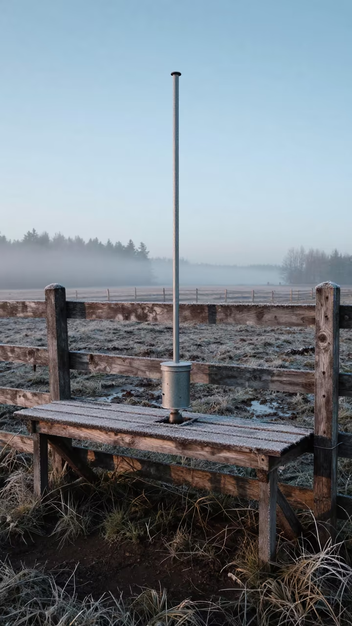 Estonian Winter Hay Probe Shelf Mist in along a muddy paddock fence in Estonia
