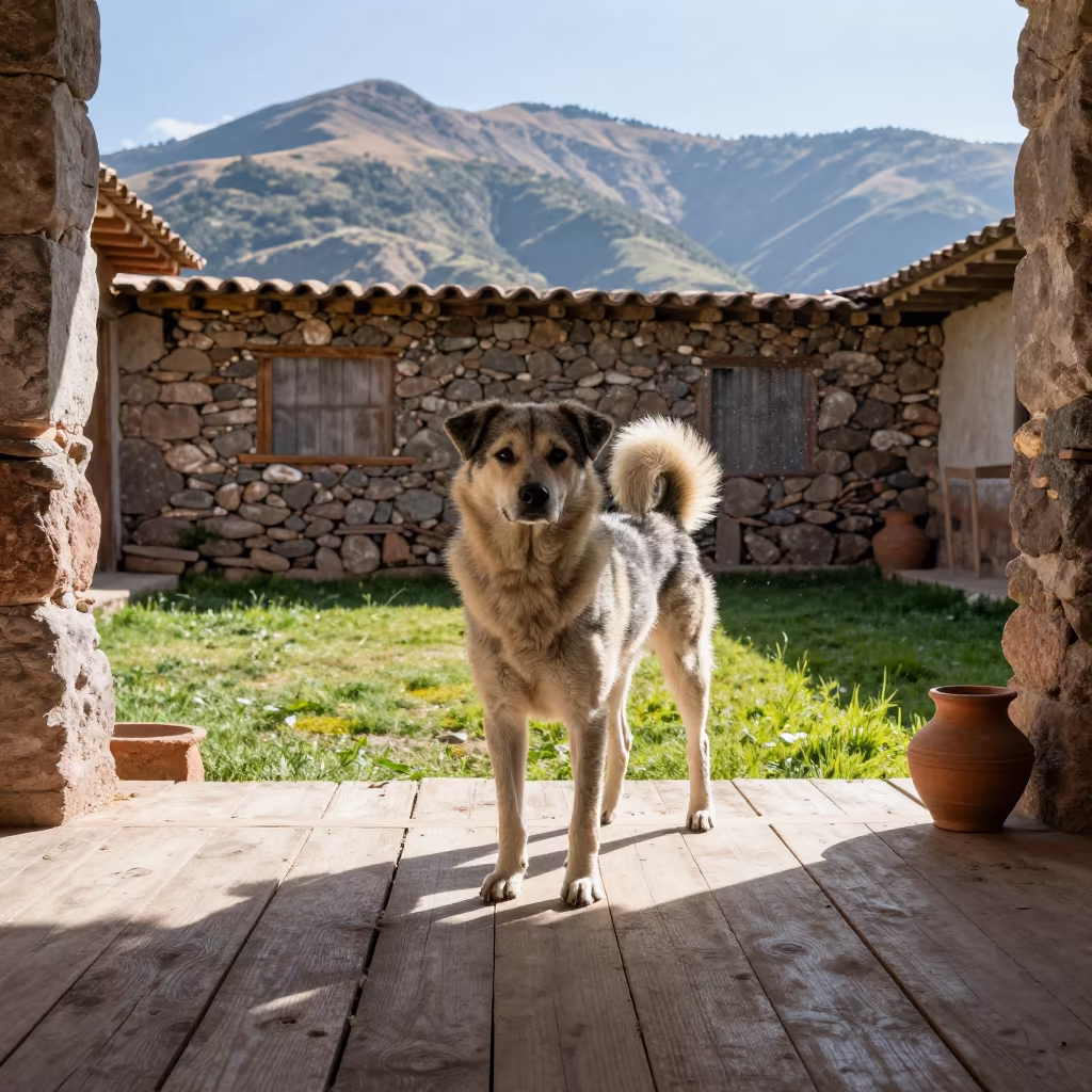 Estrela Mountain Dog on Cusco Porch in in a small yard with clipped grass, calm light, and the animal centered in frame near Cusco