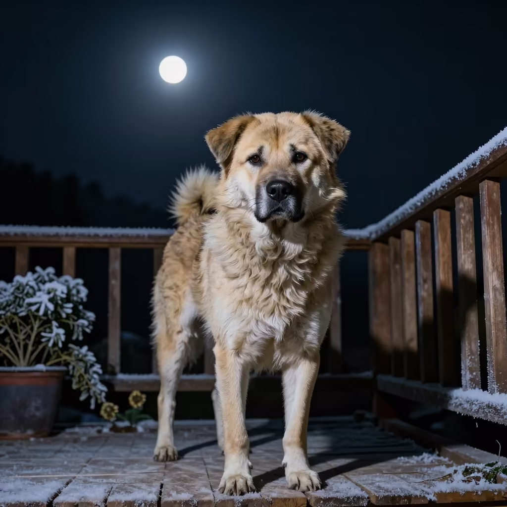 Estrela Mountain Dog on Porch in Winter Moonlight in near a garden edge with soft morning light and an uncluttered background near Pokhara