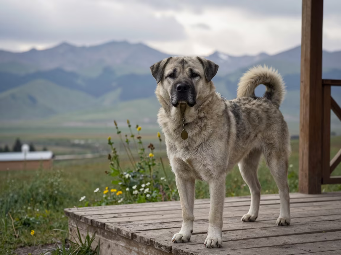 Estrela Mountain Dog on Shaded Porch in Bishkek in near a garden edge with soft morning light and an uncluttered background near Bishkek