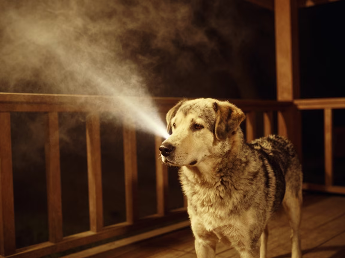 Estrela Mountain Dog on Shaded Porch in Kathmandu in on a shaded front porch with boards, railings, and eye-level framing near Kathmandu