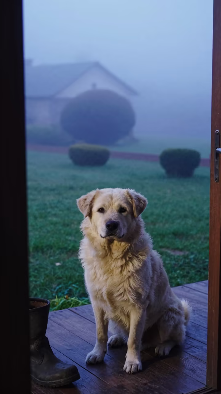 Estrela Mountain Dog on Shaded Porch in Pokhara Evening in in a small yard with clipped grass, calm light, and the animal centered in frame near Pokhara