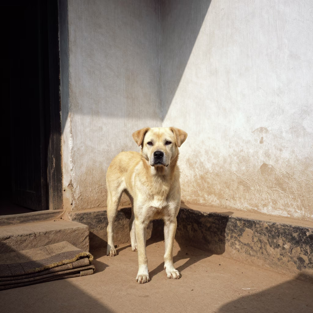 Estrela Mountain Dog on Shaded Porch Near Boudhanath in beside a plain courtyard wall in clear daylight with the animal at eye level near Boudhanath, Kathmandu