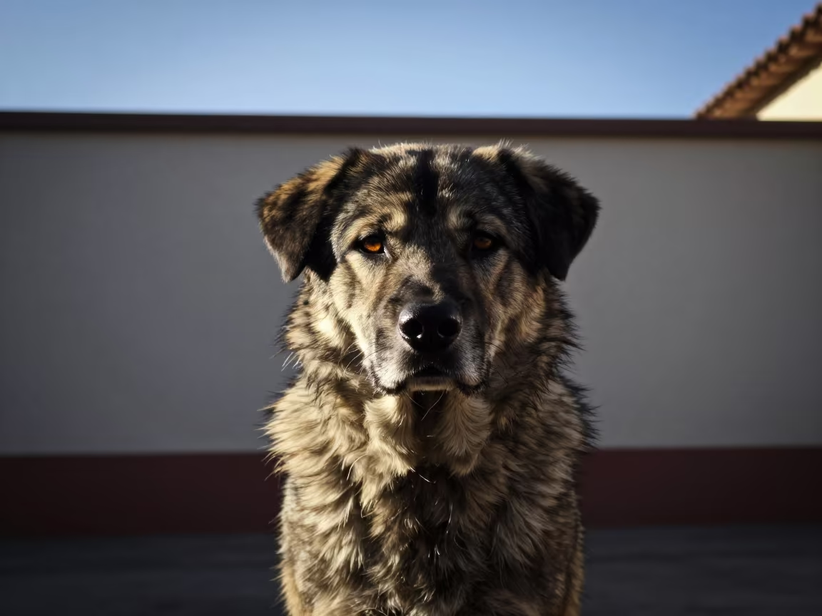 Estrela Mountain Dog Portrait at Sunrise Quito in beside a plain courtyard wall in clear daylight with the animal at eye level near Quito