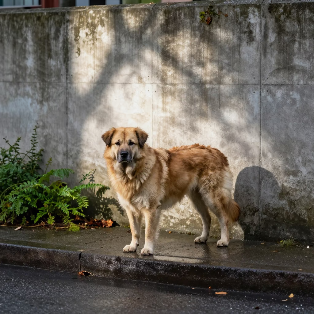 Estrela Mountain Dog Portrait in Vancouver Courtyard in beside a plain courtyard wall in clear daylight with the animal at eye level near Strathcona, Vancouver