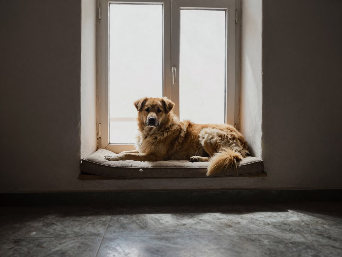 Estrela Mountain Dog Portrait Leh Window Seat in on a cushioned window seat with soft side light and an uncluttered background near Leh
