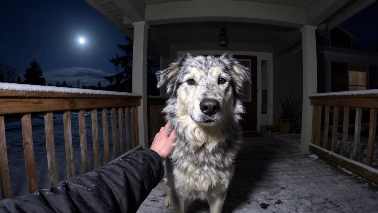 Estrela Mountain Dog Portrait Night Porch Vancouver in on a shaded front porch with boards, railings, and eye-level framing in Vancouver