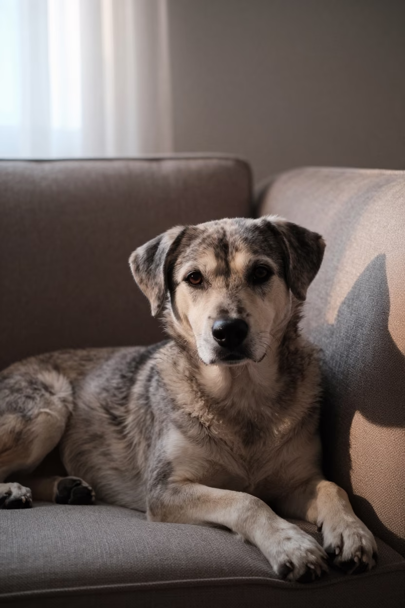 Estrela Mountain Dog Portrait on Sofa in La Paz Home in on a sofa near a curtained window with calm indoor light in San Pedro, La Paz