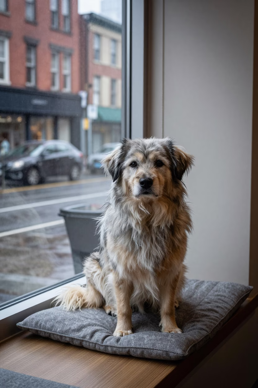 Estrela Mountain Dog Portrait on Vancouver Window Seat in on a cushioned window seat with soft side light and an uncluttered background near Chinatown, Vancouver