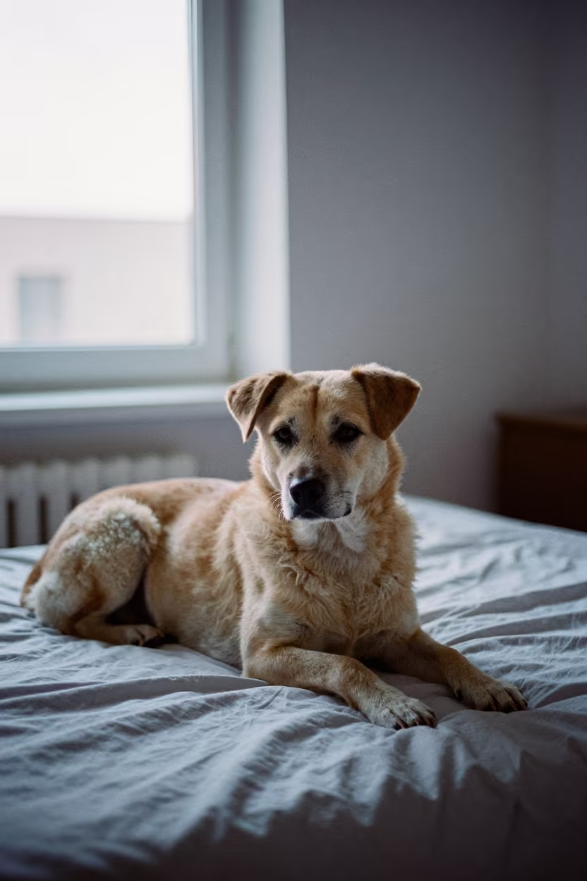 Estrela Mountain Dog Resting on Bedspread Near Window in on a bedspread near a bright window with calm indoor light near Bishkek