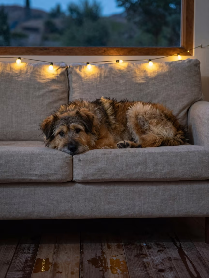 Estrela Mountain Dog Resting on Linen Sofa in on a linen sofa with daylight from a nearby window in Sacsayhuaman, Cusco