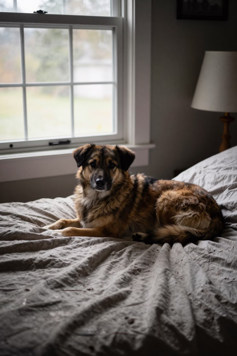 Estrela Mountain Dog Resting on Lived-In Bedspread in on a bedspread near a bright window with calm indoor light in Vancouver