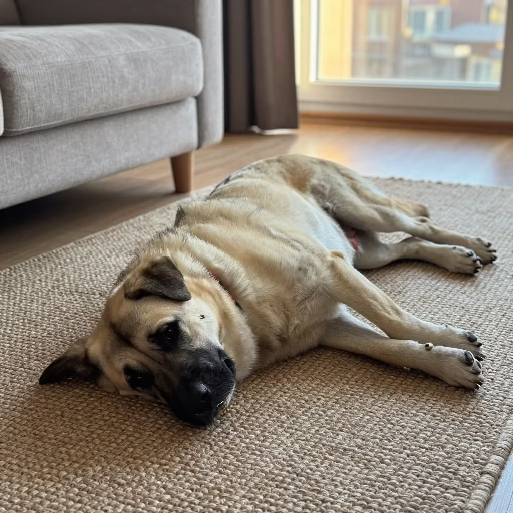 Estrela Mountain Dog Resting on Rug Near Almaty Home in on a woven rug beside a low couch and an uncluttered wall near Almaty