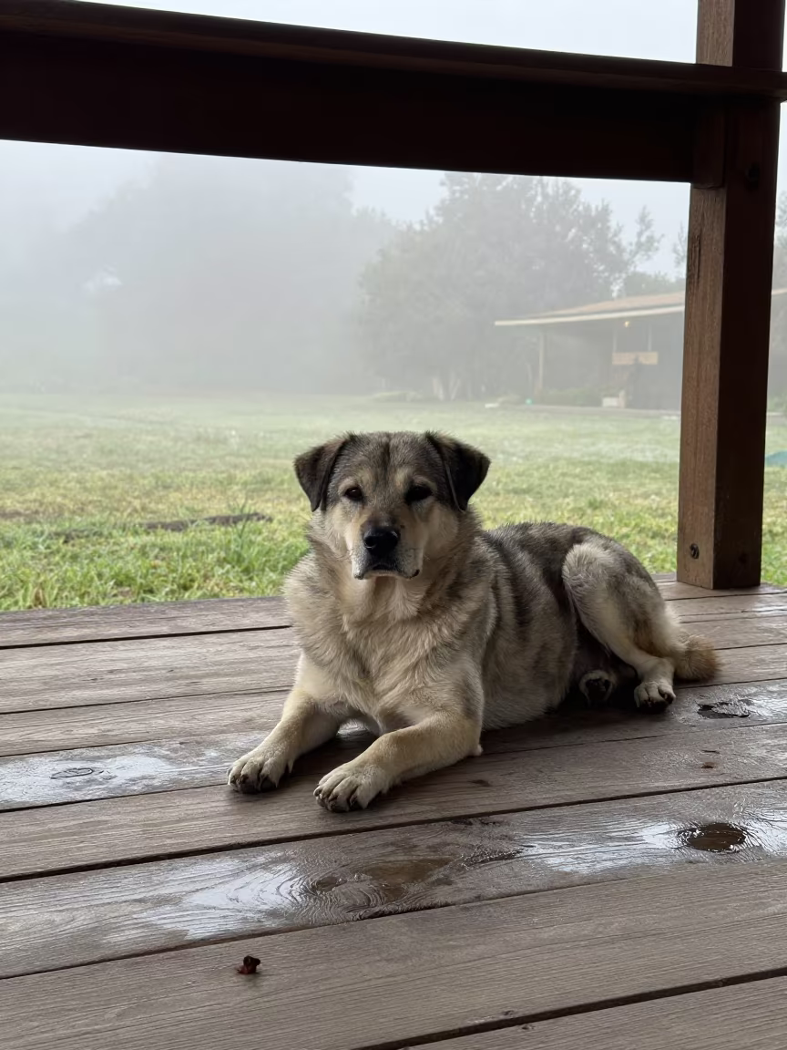 Estrela Mountain Dog Resting on Shaded Porch in in a small yard with clipped grass, calm light, and the animal centered in frame in Quito