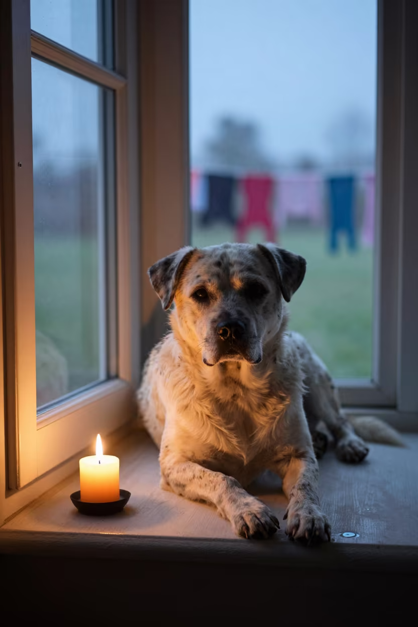 Estrela Mountain Dog Resting on Window Seat in on a window seat in a quiet apartment with soft side light in Chamonix