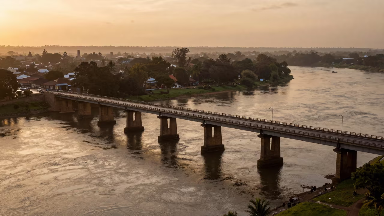 Eswatini River Bridge in Evening Honeyed Light in along a colonnaded facade in Eswatini