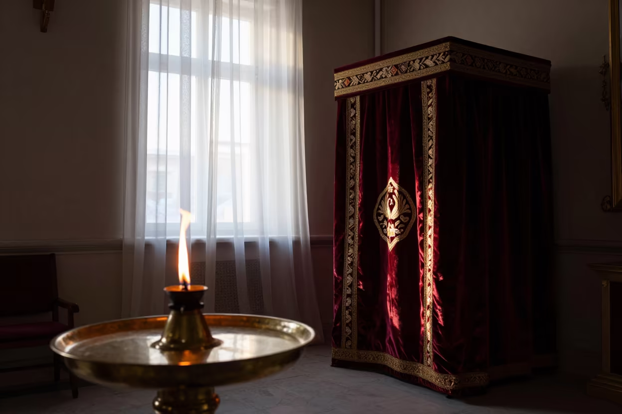 Eternal Flame and Ark Curtain in Varna Synagogue in inside a synagogue sanctuary in Varna