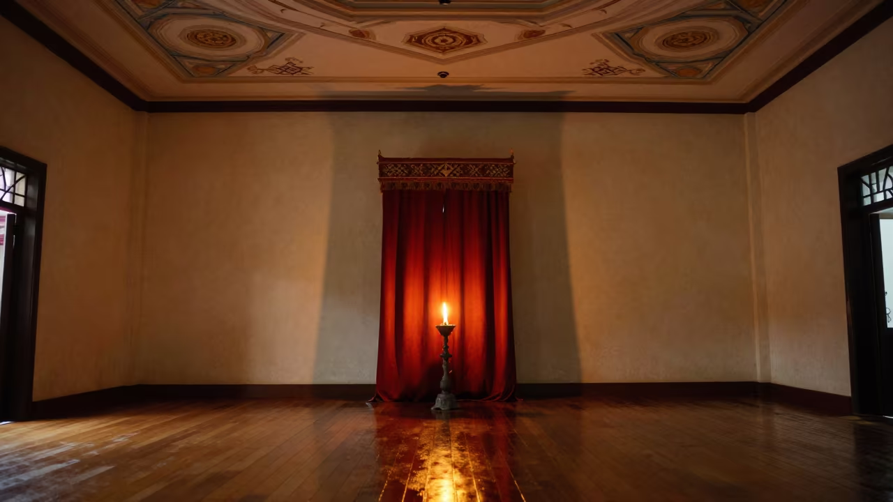 Eternal Flame Glow on Synagogue Ark Curtain in beneath a painted synagogue ceiling in Lahad Datu