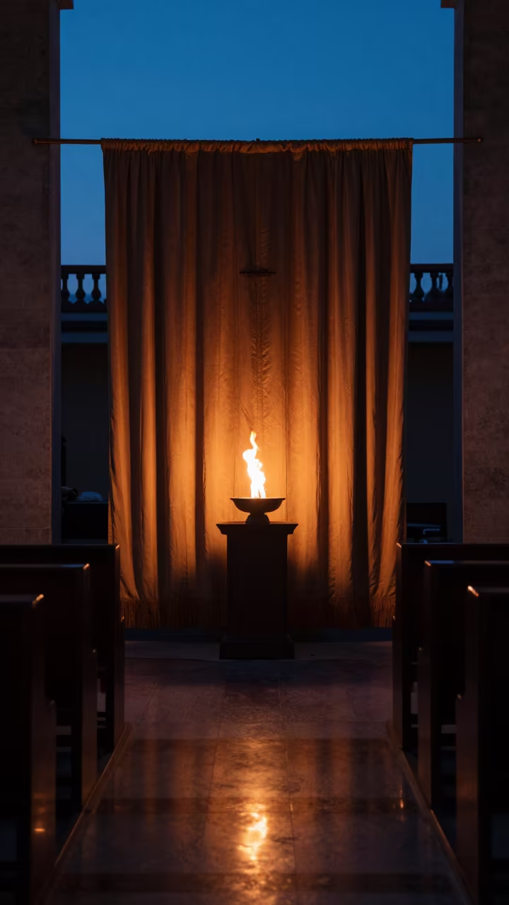 Eternal Flame Glow on Synagogue Ark Curtain in inside a timber synagogue hall in Kunming