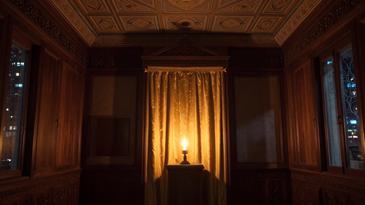 Eternal Flame Warms Ark Curtain in Dalian Synagogue in beneath a painted synagogue ceiling in Dalian