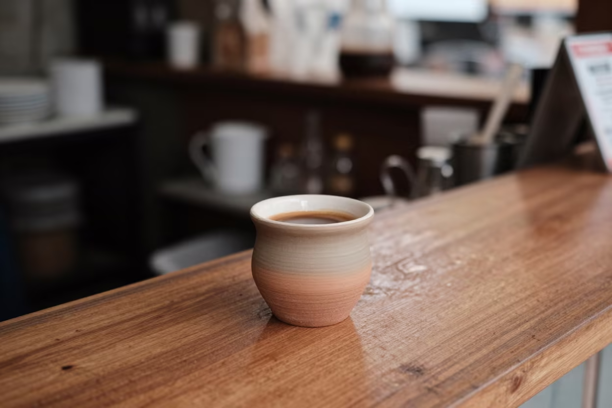Ethiopian Clay Coffee Cup on Negombo Counter in at a coffee bar counter in Negombo