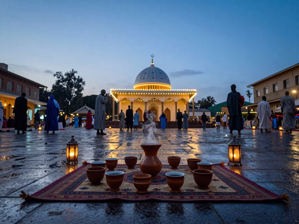 Ethiopian Coffee Ceremony in Meskel Square Shrine in in a shrine lined with lanterns in Meskel Square, Addis Ababa