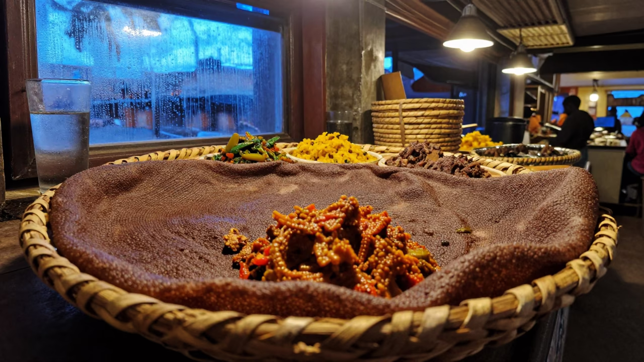 Ethiopian Injera Platter and Stews on Ica Market Counter in at a market stall counter in Ica